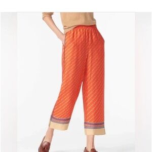 Red Silk Patterned Wide-Leg Pants